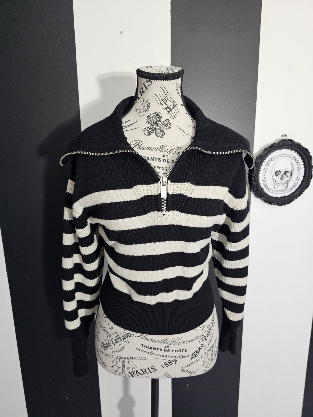 Zara Black & White Striped Half-Zip Sweater